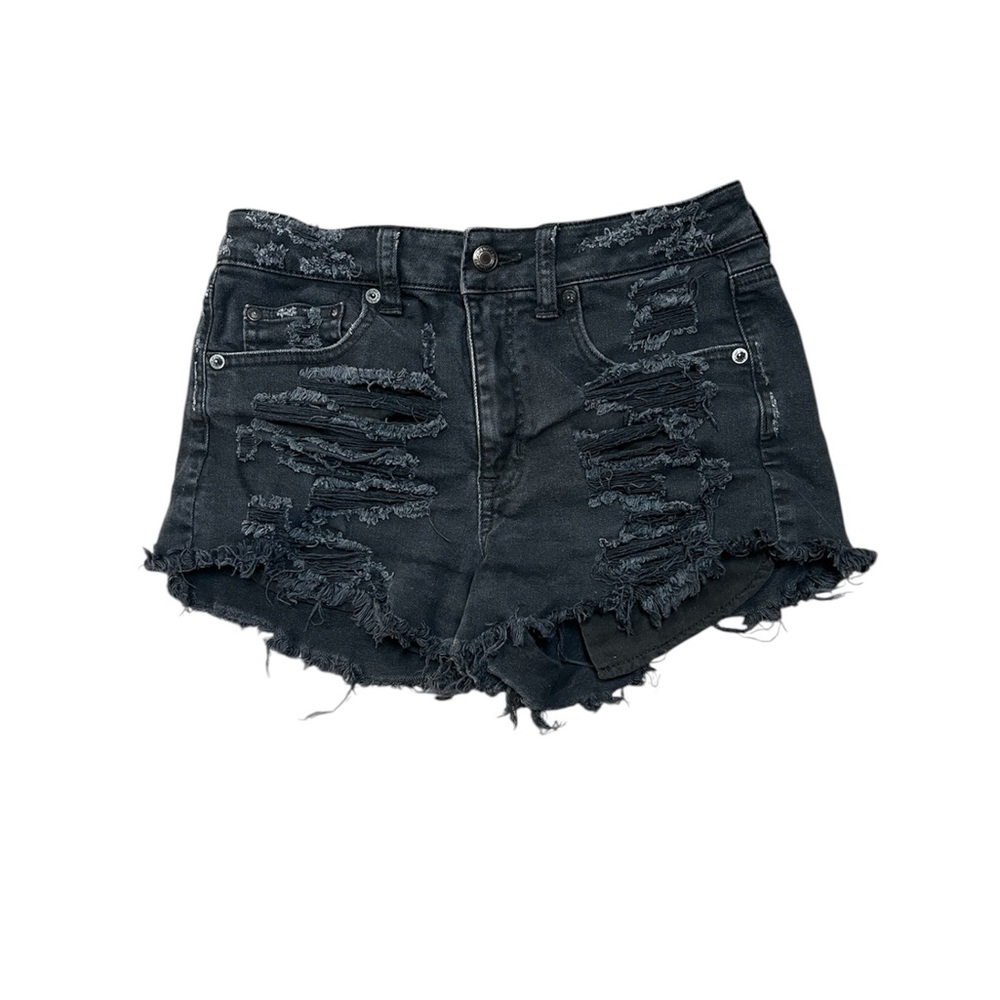 American Eagle black denim shorts with frayed hem and distressed details